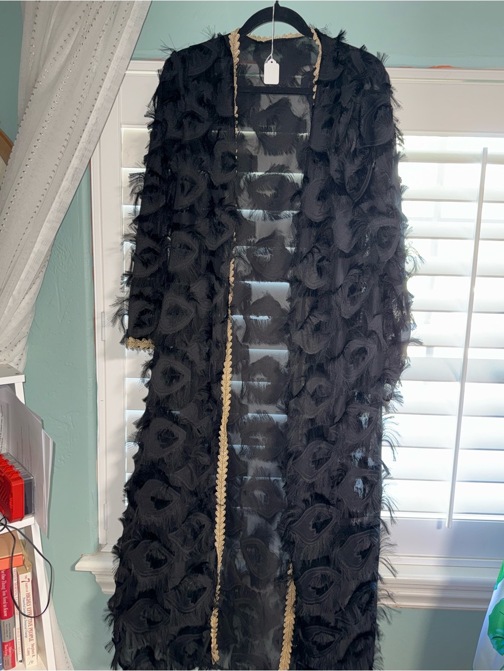 Black Fringe Open Front Duster with Gold Trim and feathers